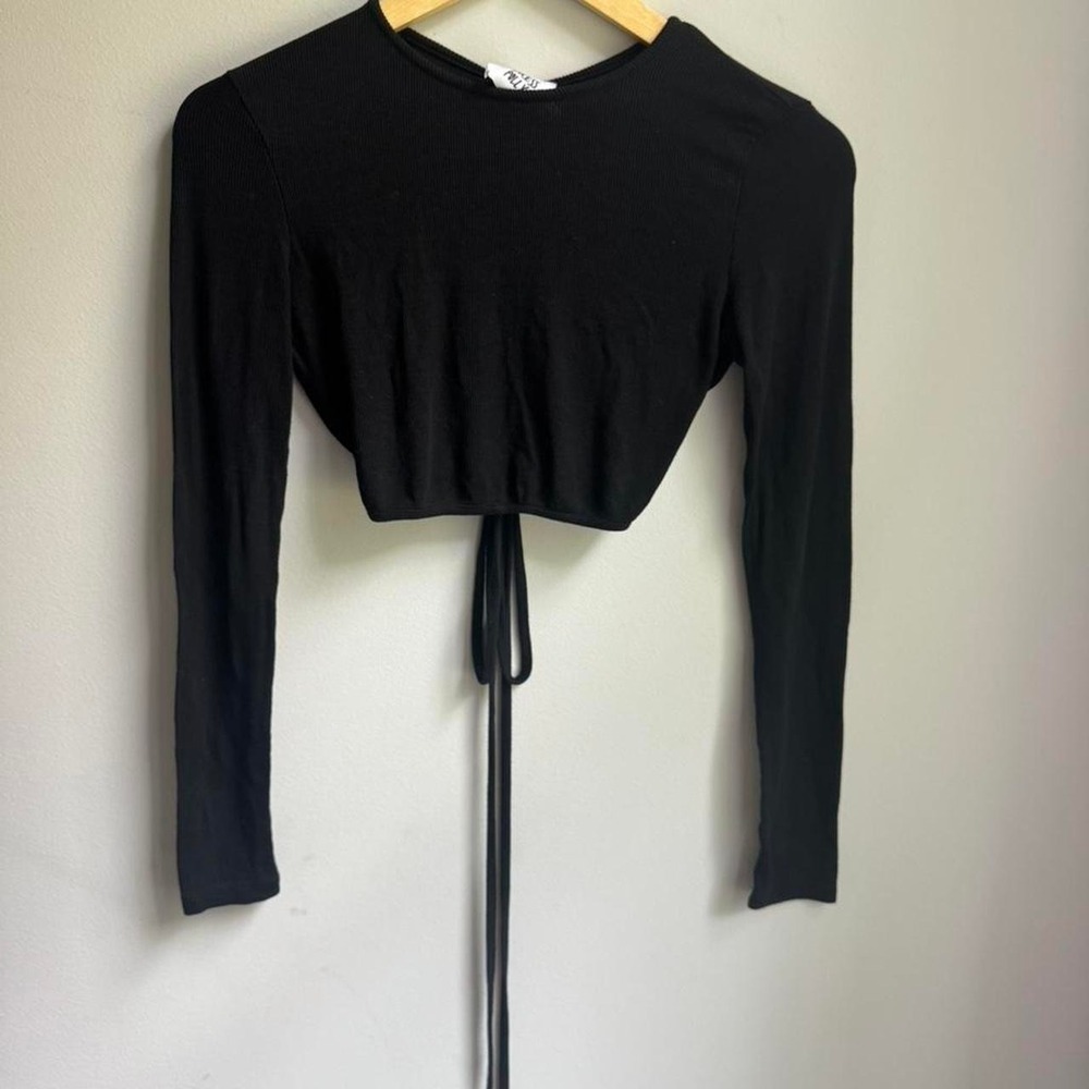 Princess Polly Black Long-Sleeve Cropped Tie-Front Top